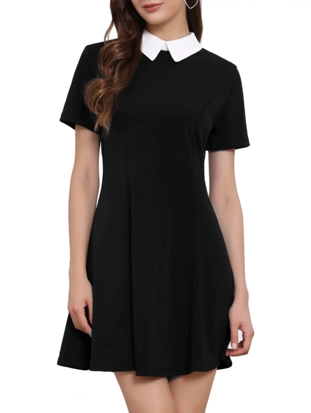 Black Fut & Flare Mini Dress with White Collar Jersey Knit